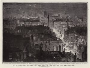 A megvilágítás a koronázás napján, általános nézet, lenézve a Waterloo Place-re alkotó: William Lionel Wyllie